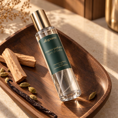Spirit of Dubai, sprej za tekstil i dom od 200 ml na drvenom pladnju s elementima sandalovine, kardamoma i vanilije