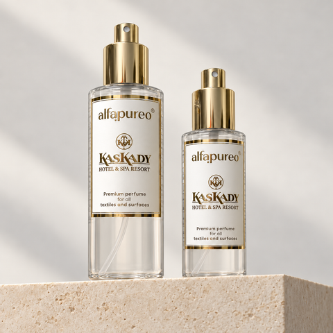 Kaskady sprej AlfaPureo, 100 ml a 200 ml PET flakony so zlatou etiketou na kremovom kameni z podhladu